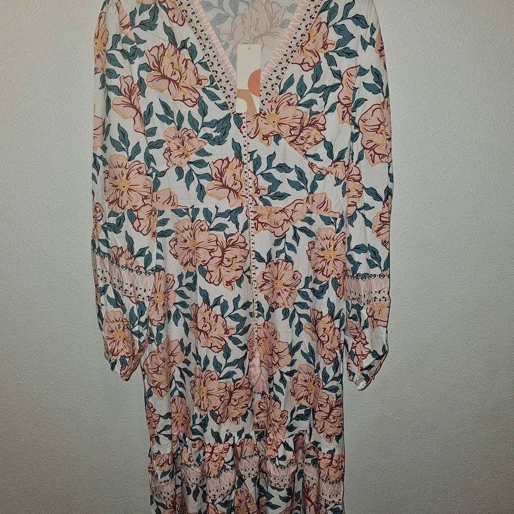 SunnySpirit Floral Boho Maxi Dress V-Neck Balloon Sleeve Tassel Size L - Picture 2 of 14